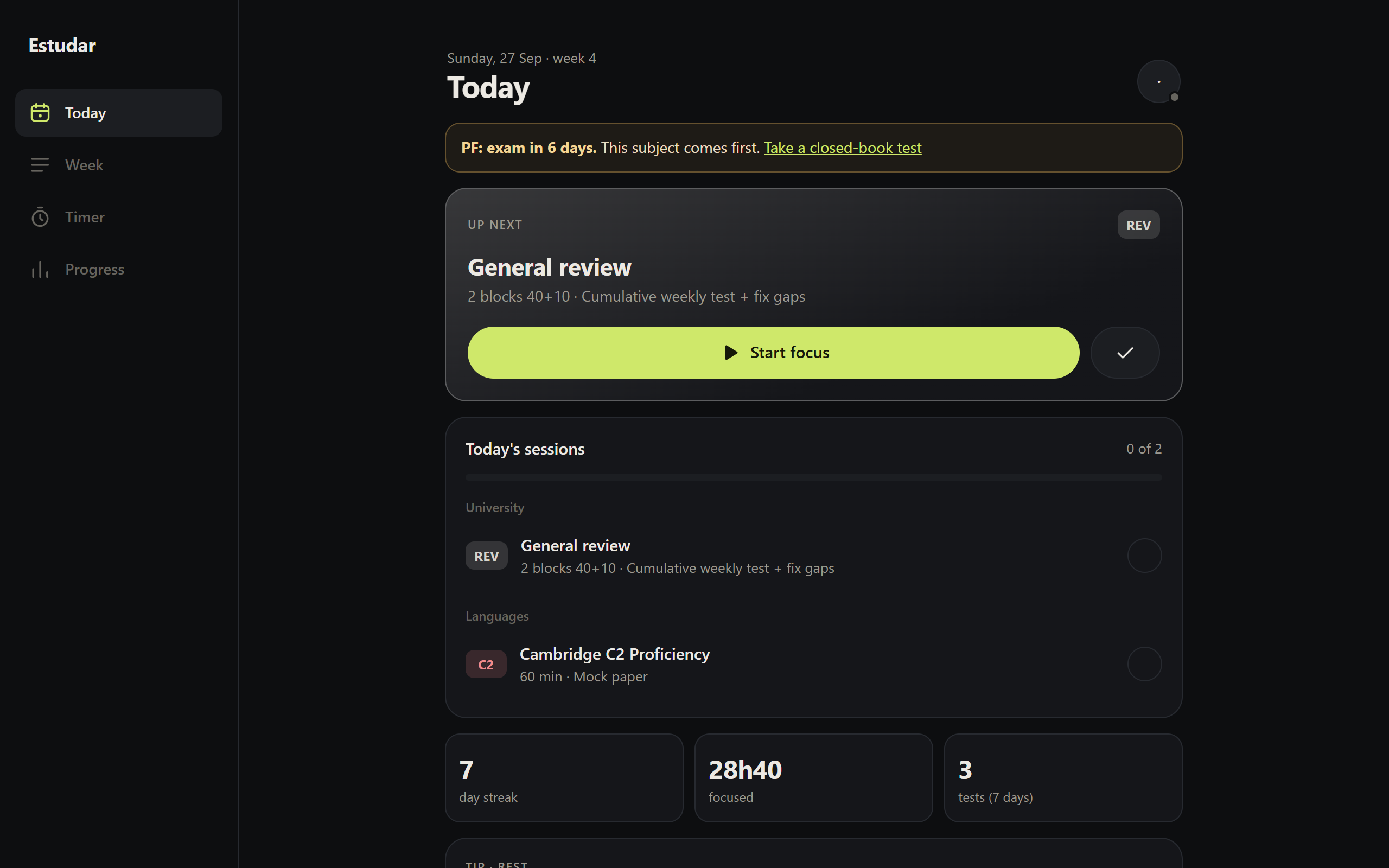 Estudar on a computer: the Today tab with the next session and an exam warning